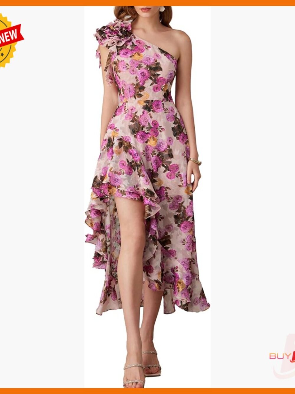 One Shoulder Floral Maxi Dress, Ruffle Hem, Wedding Guest Formal